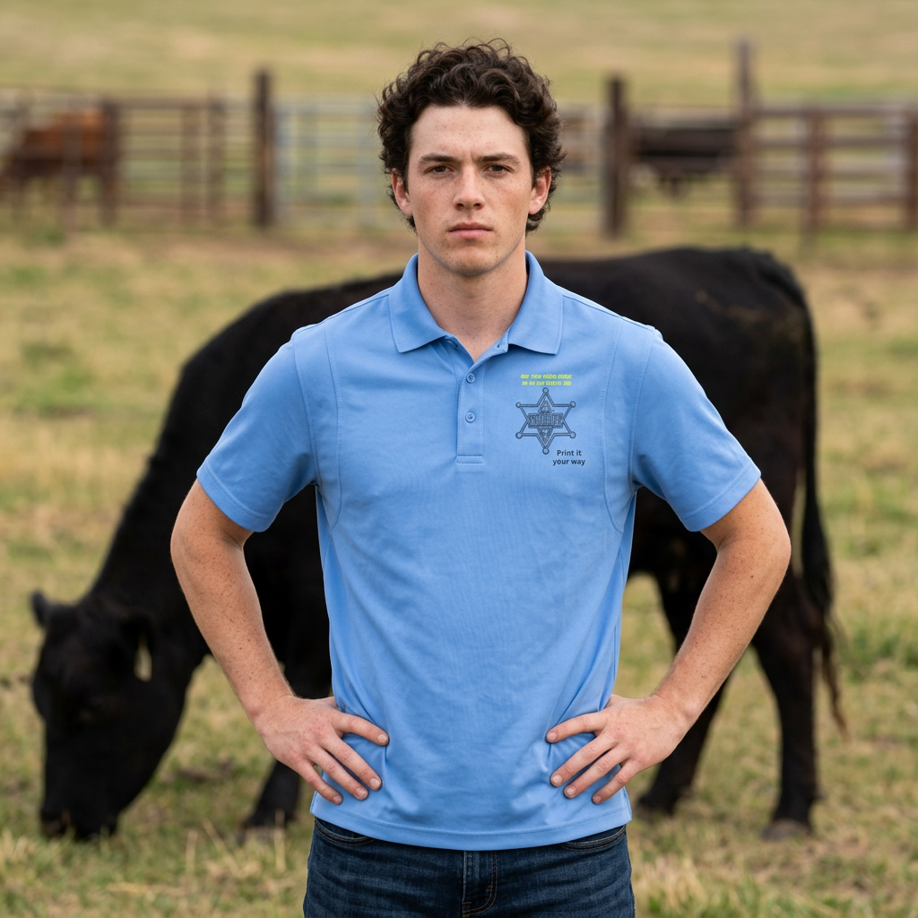 Personalize Sport Polo Shirt worn by a young man, standing confidently in a ranch setting with cows grazing in the background.