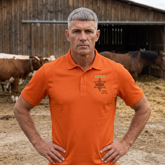 Man in an orange Personalize Sport Polo Shirt standing near cows on a ranch, showcasing lightweight and breathable fabric.