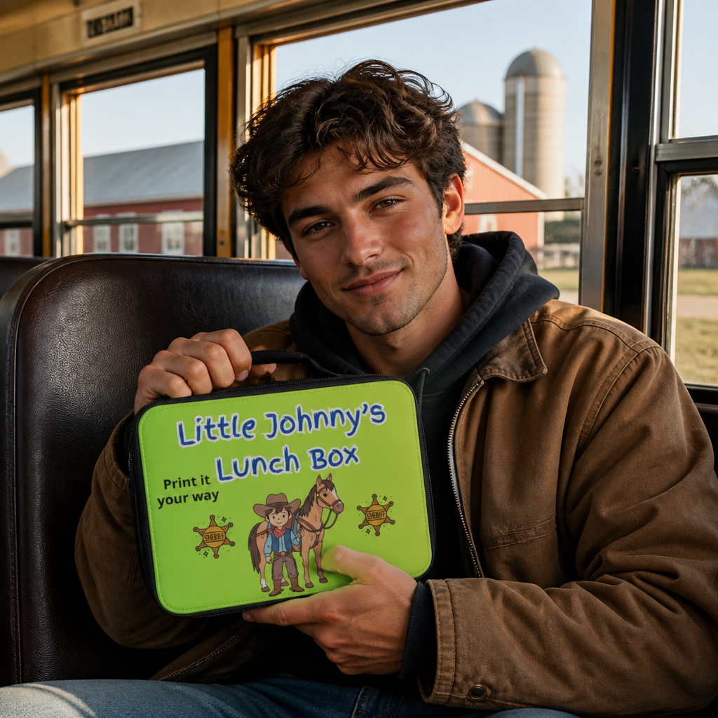 Personalized Kids Lunch Bag featuring a fun western design held by a young man on a school bus.