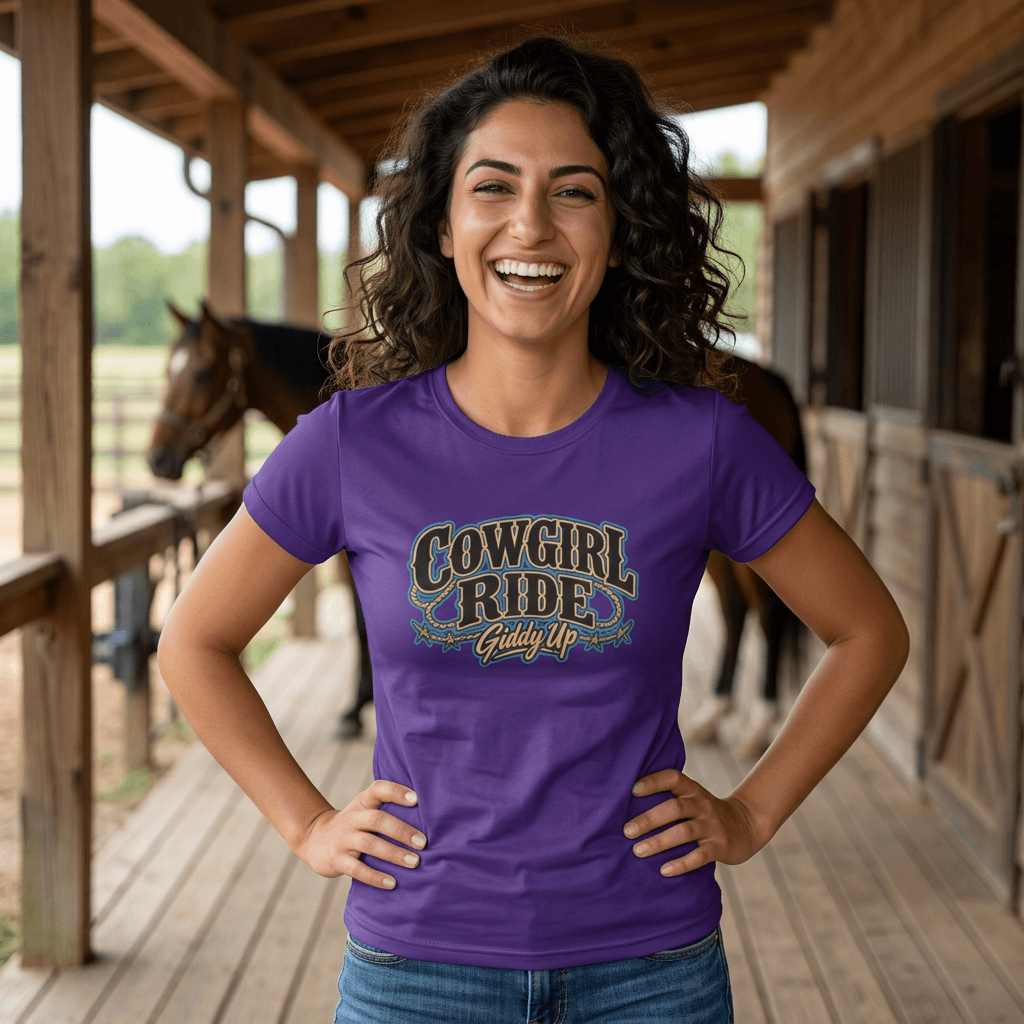Cowgirl Ride Giddy Up Ladies Tee modeled by a smiling woman in a barn setting with a horse in the background.