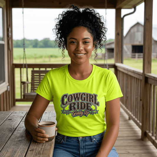 Cowgirl Ride Giddy Up Ladies Tee worn by a smiling woman holding a coffee on a porch with rustic background.