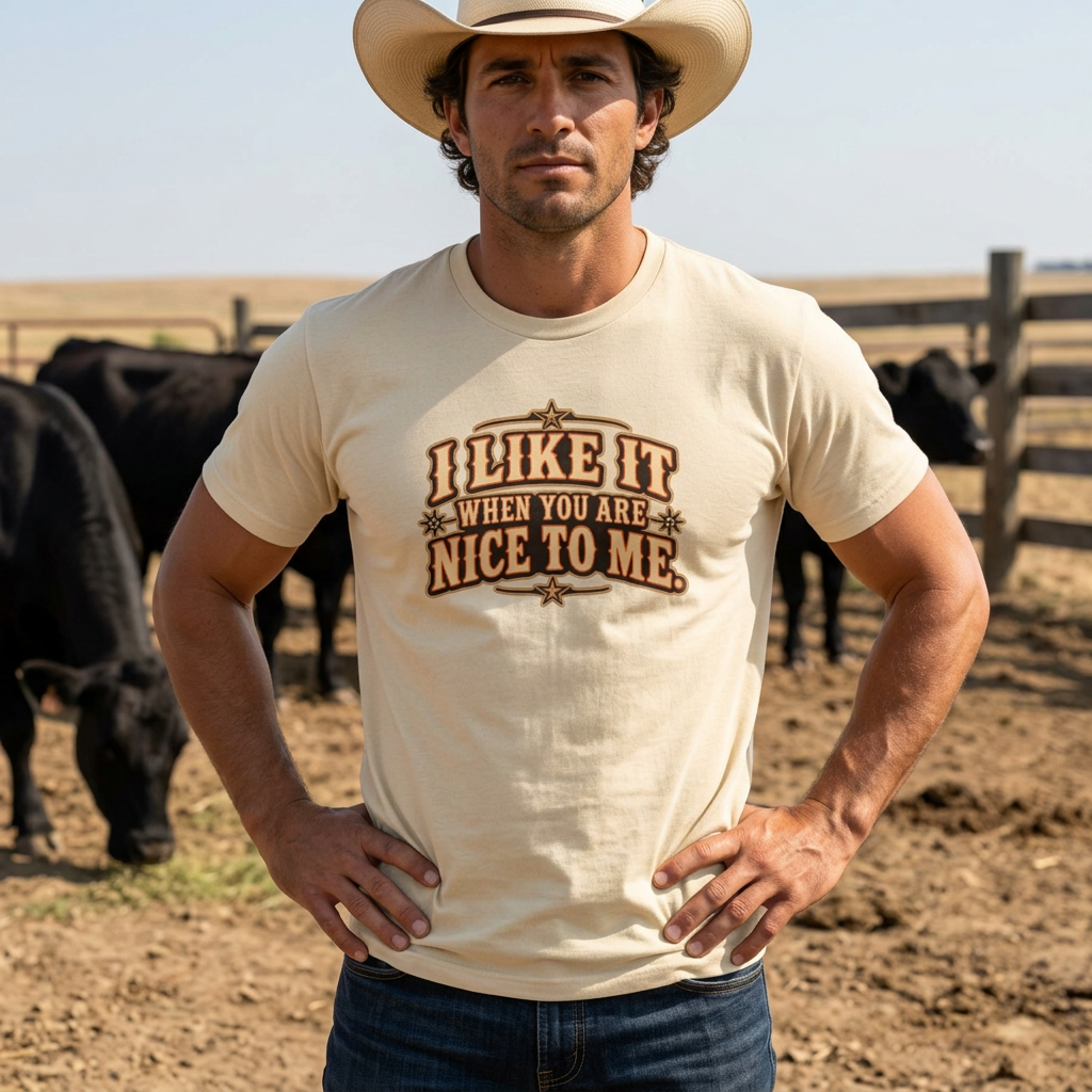 Man wearing 'I Like It When You Are Nice To Me' T-Shirt in a farm setting with cows in the background.