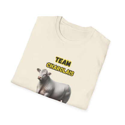 Charolais T-Shirt featuring a Charolais cow and the text 'TEAM CHAROLAIS', perfect for livestock enthusiasts.