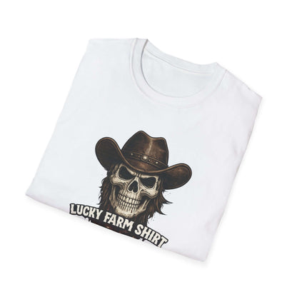 Lucky Farm T-Shirt featuring skull graphic and cowboy hat design on a soft white t-shirt fold.