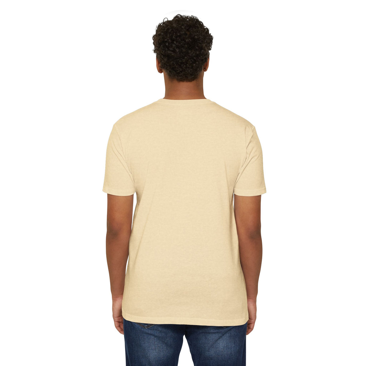 Back view of I Like It When You Are Nice To Me T-Shirt in warm cream fabric, showcasing its classic fit.