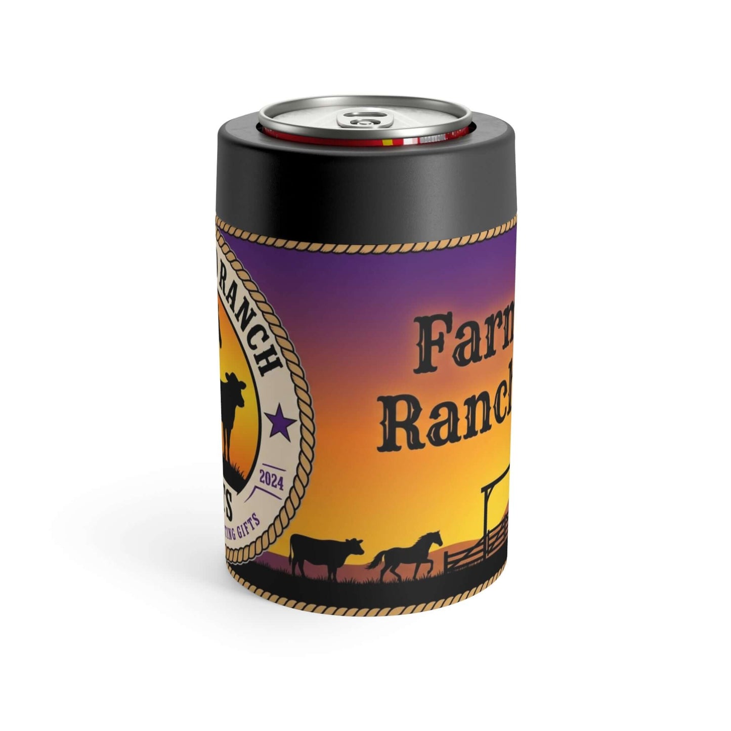 Personalized Can Holder featuring sunset and ranch animals design, perfect for gifts and beverage can storage.