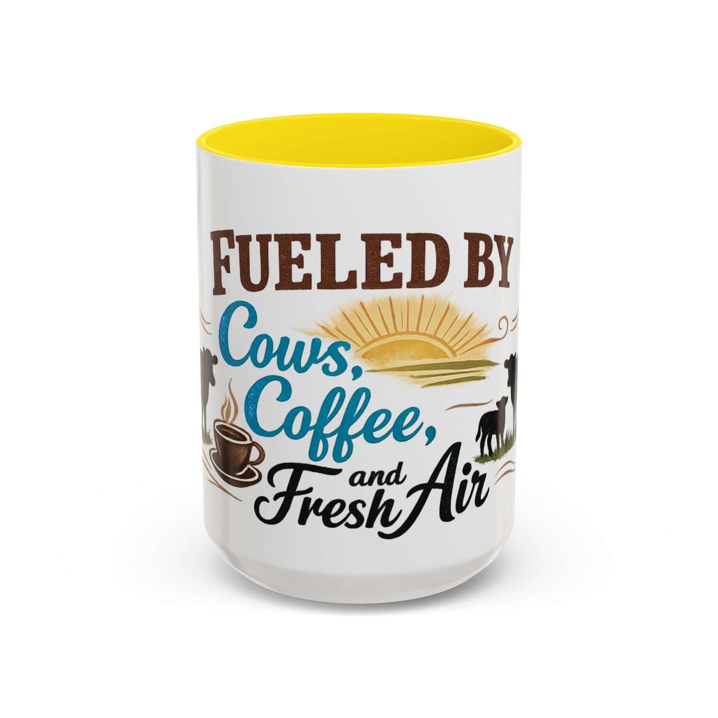 Cow Lovers Mug featuring a playful design with the text 'Fueled by Cows, Coffee, and Fresh Air'.