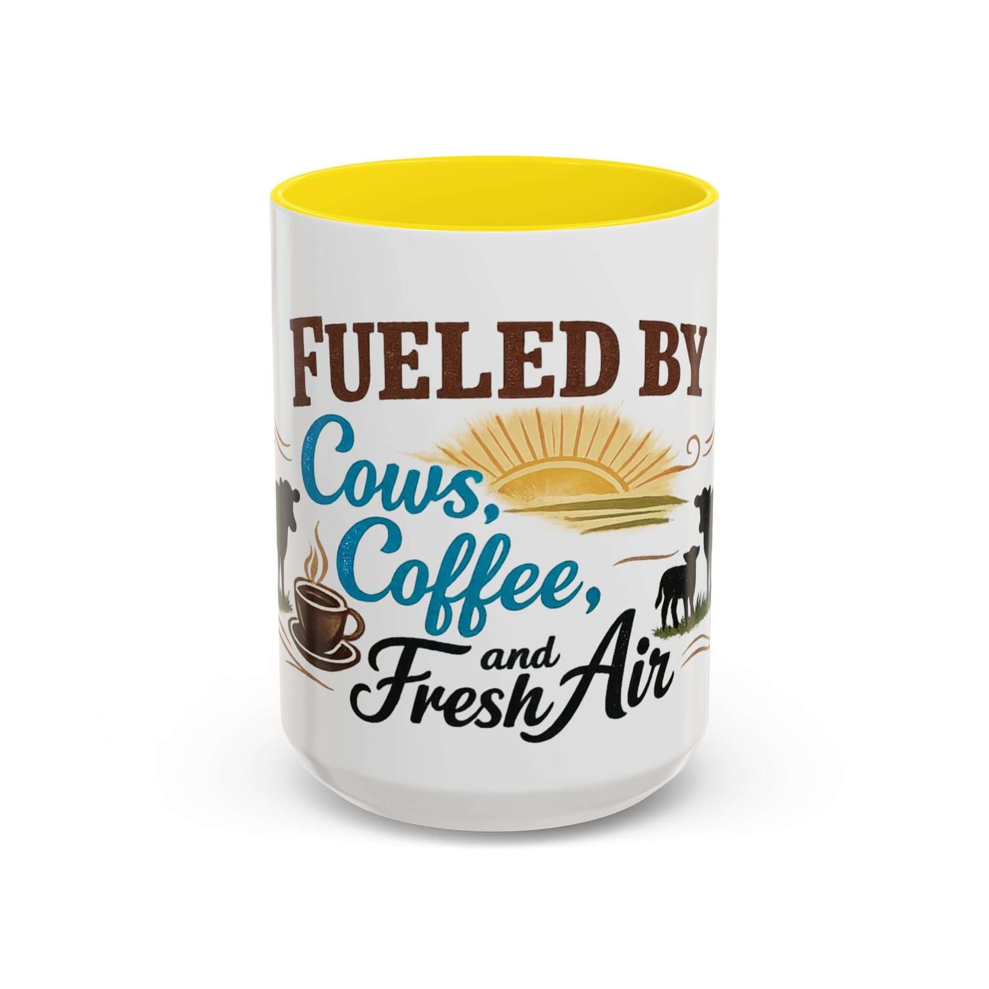 Cow Lovers Mug featuring a playful design with the text 'Fueled by Cows, Coffee, and Fresh Air'.