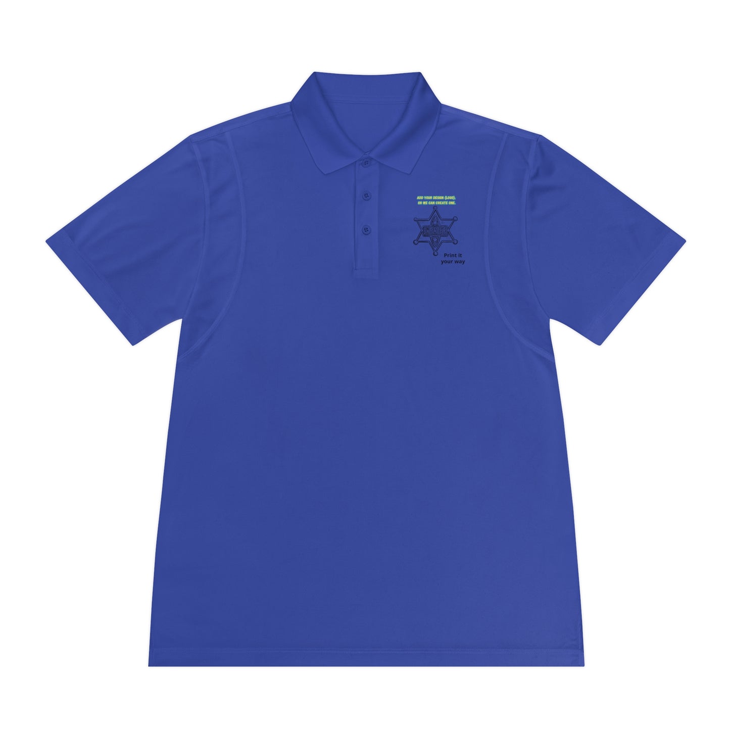 Personalize Sport Polo Shirt in vibrant blue with a clean lapel collar and three-button placket, ideal for ranch work.