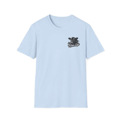 Light blue Farm Life T-Shirt with hand-drawn graphic, perfect for ranchers and farm enthusiasts.