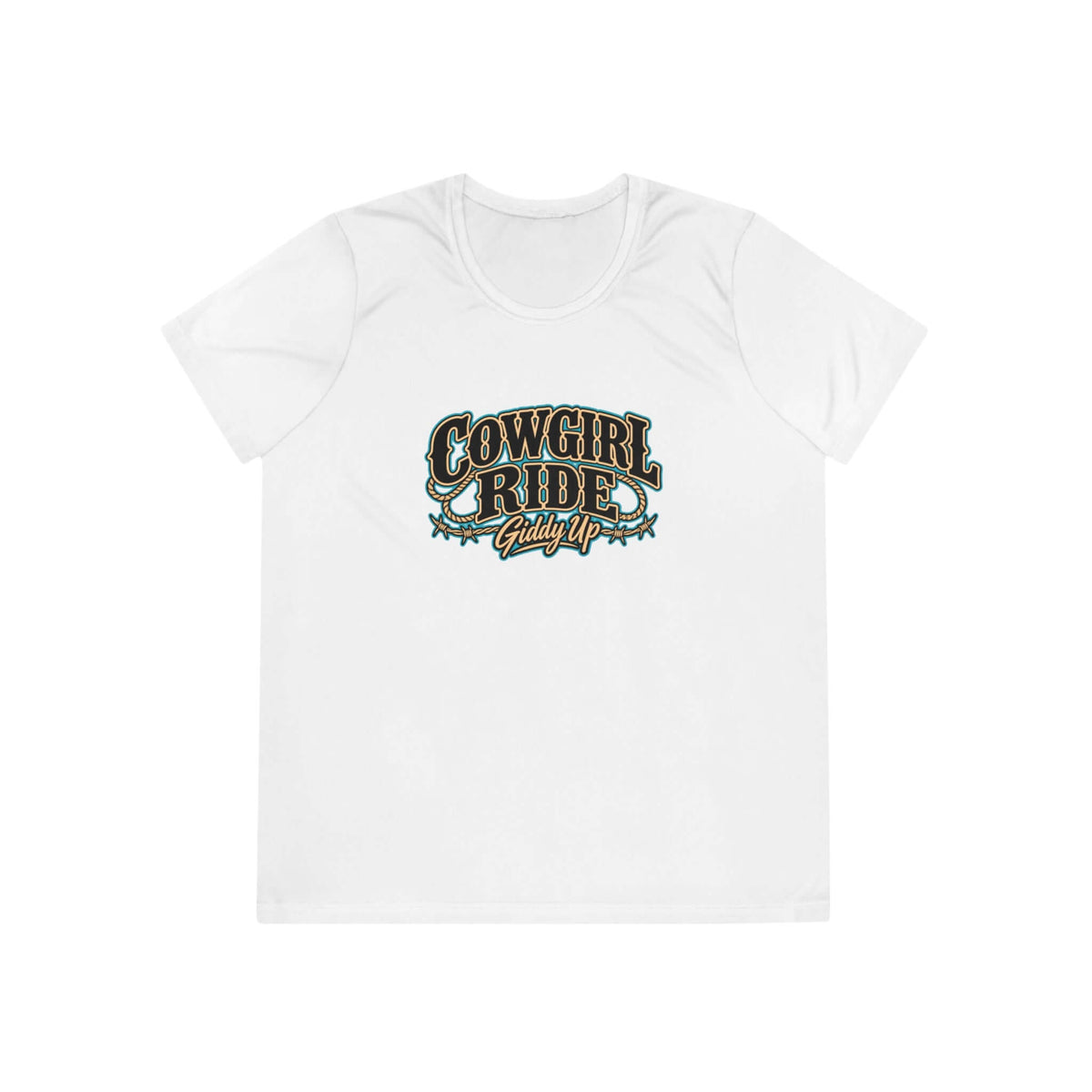 Cowgirl Ride Giddy Up Ladies Tee featuring vintage western graphic in turquoise and brown on white shirt.
