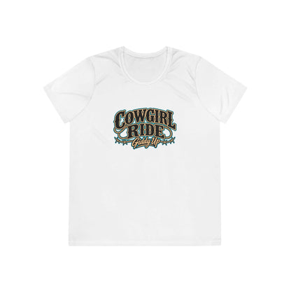 Cowgirl Ride Giddy Up Ladies Tee featuring vintage western graphic in turquoise and brown on white shirt.