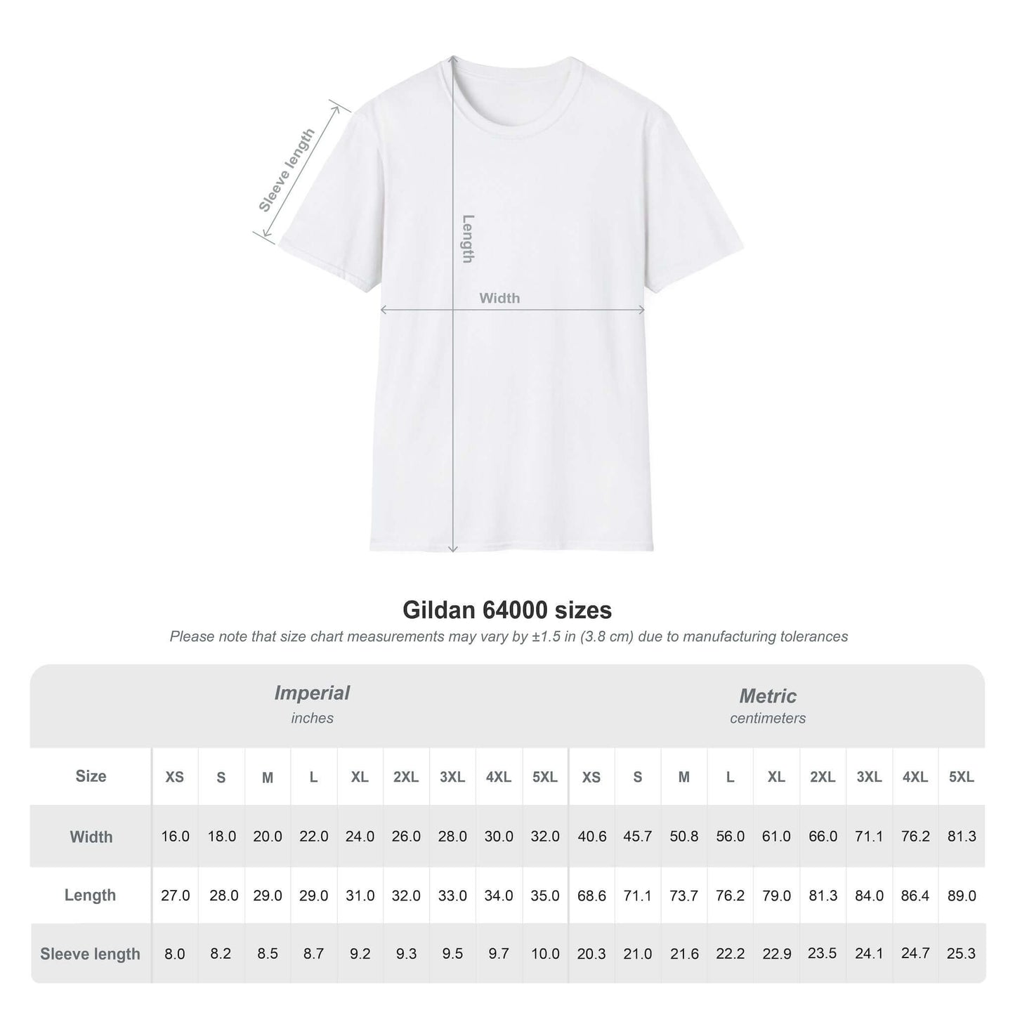 Size chart for Brangus Cattle Farmer Tee, including measurements in inches and centimeters for Gildan 64000 sizes.