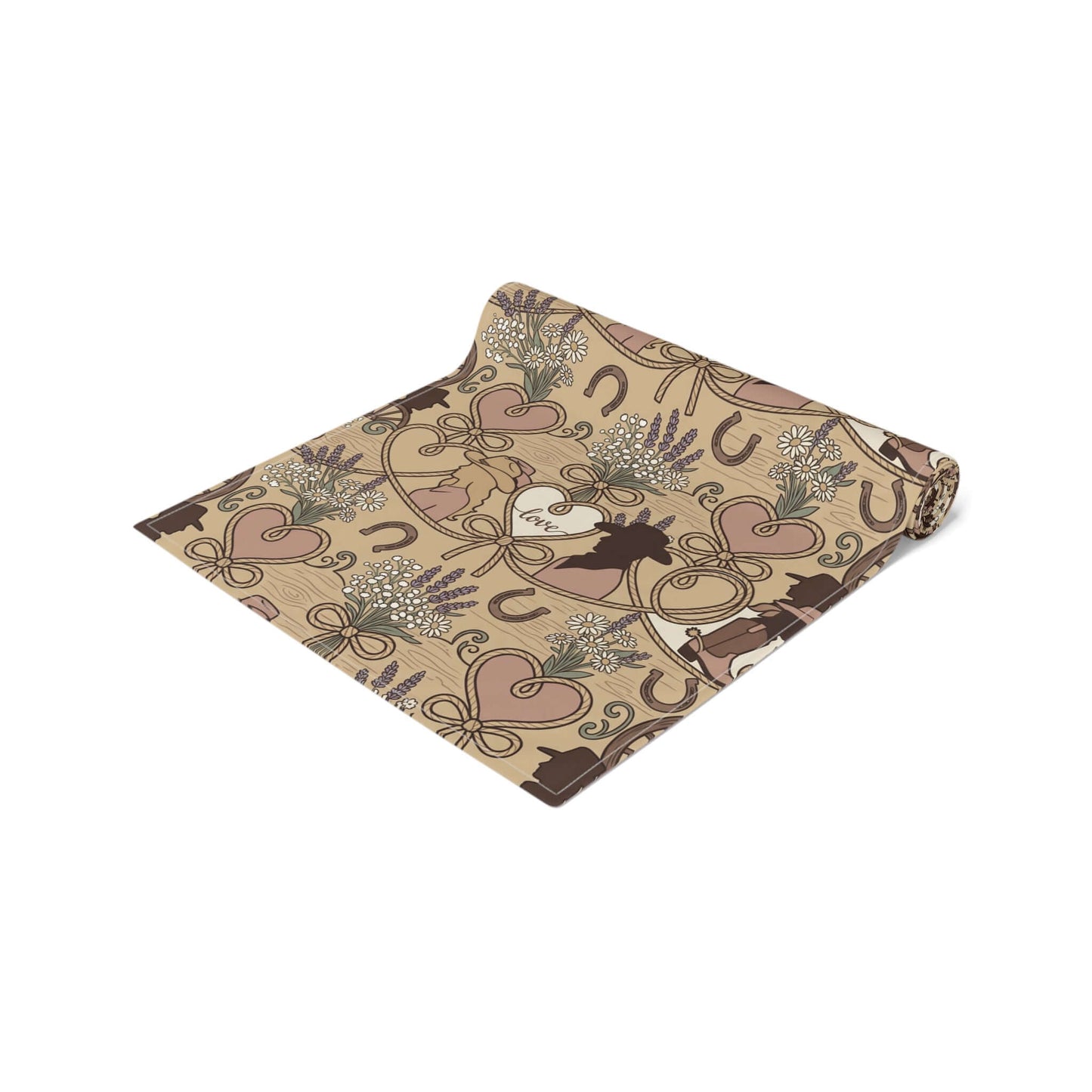 Western Bridal Table Runner featuring rustic design with hearts, horseshoes, and playful moose silhouette.