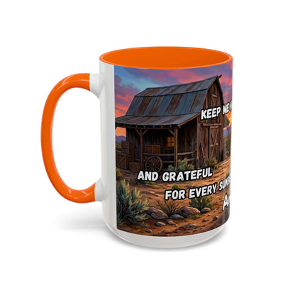 Cowboy Prayer Coffee Mug featuring rustic design with warm sunset colors and inspirational text.