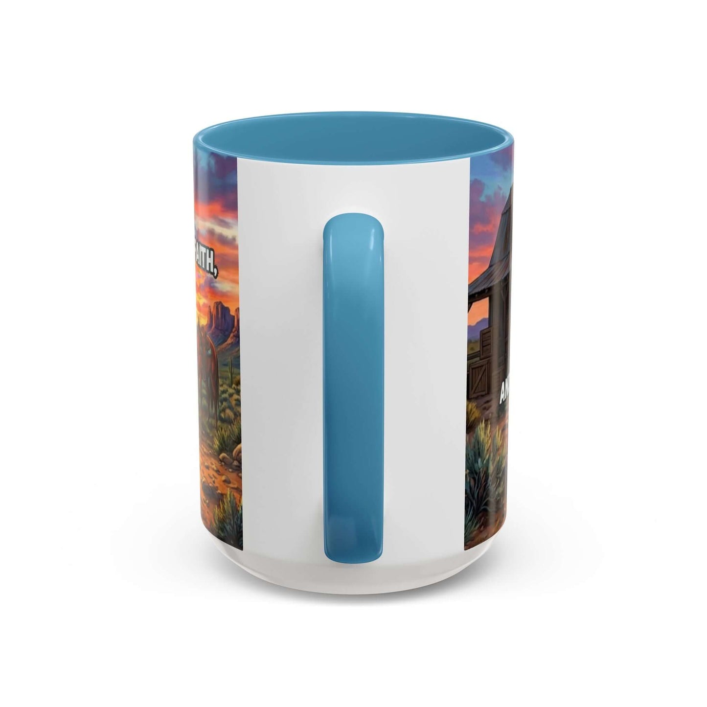 Cowboy Prayer Coffee Mug featuring rich sunset tones and blue interior, perfect for Western and religious gifts.