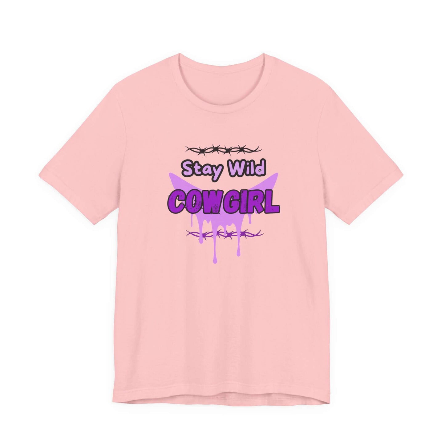 Cowgirl Western Tee with Stay Wild COWGIRL graphic on a pink t-shirt, showcasing a playful cowgirl vibe.