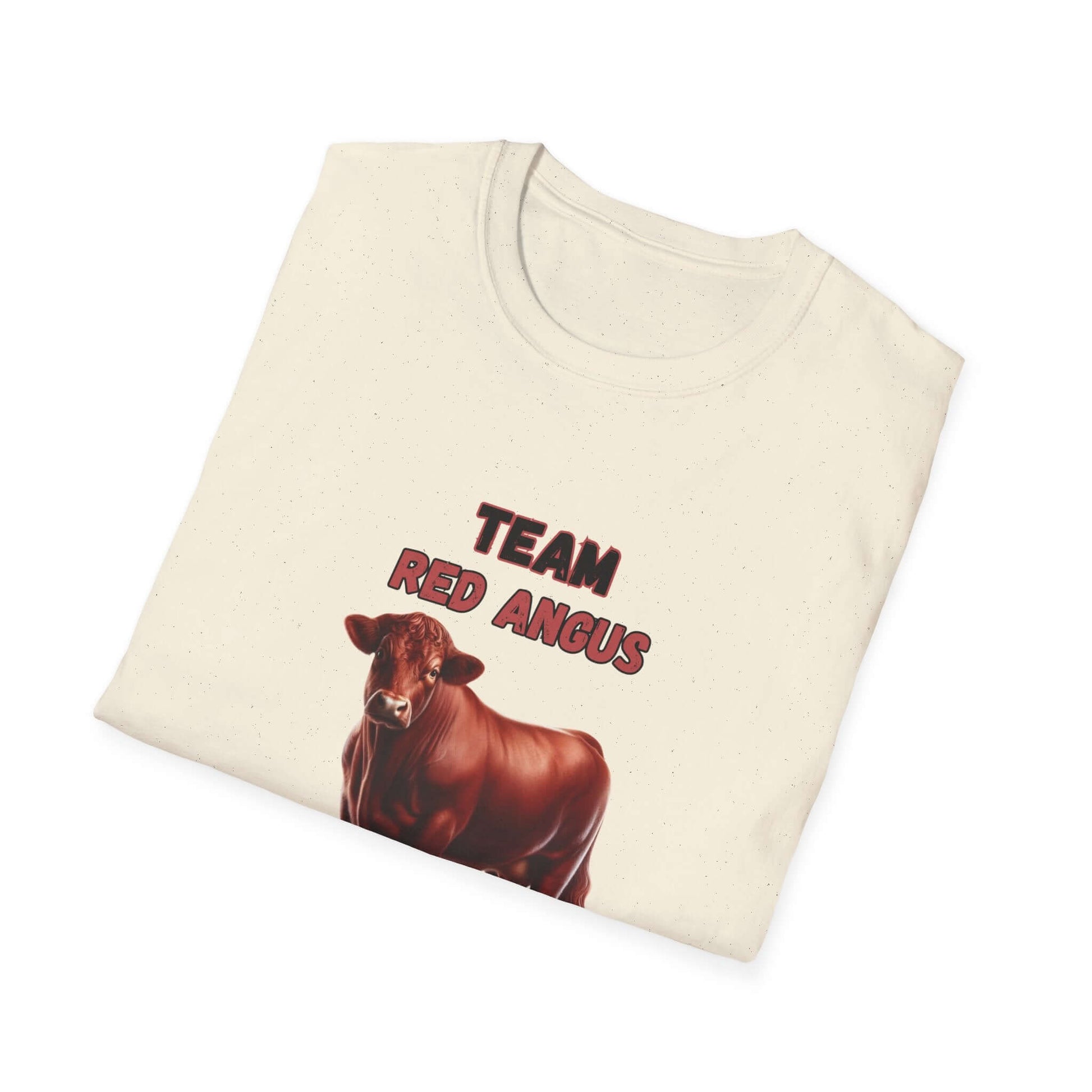 Red Angus T-Shirt featuring a Red Angus cow illustration and the text 'TEAM RED ANGUS' on a folded tee.