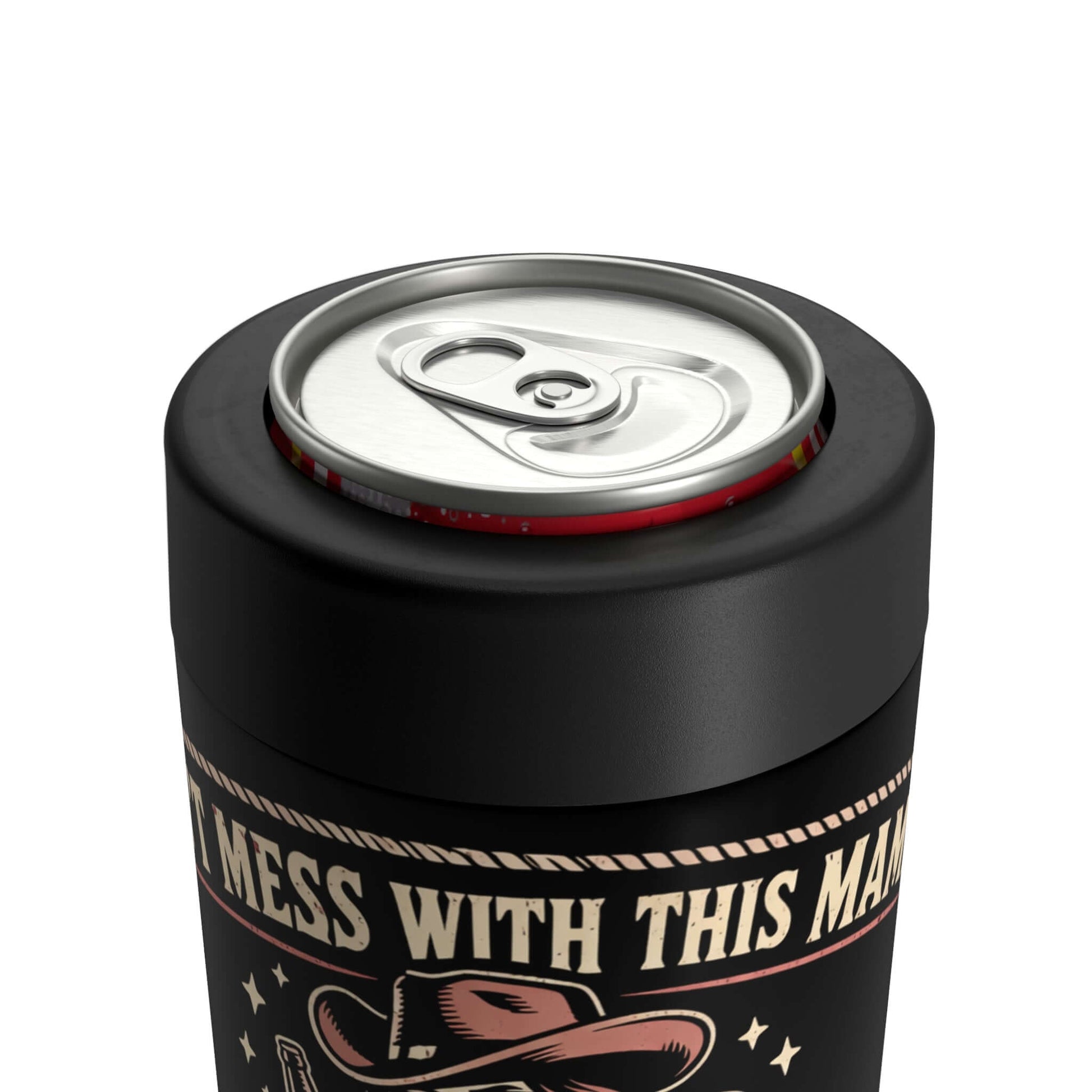 Western Can Holder with a can inside, designed for insulation and style, perfect for outdoor events.
