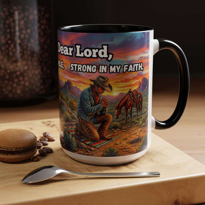 Cowboy Prayer Coffee Mug featuring a cowboy praying with horses at sunset, perfect for religious gifts.