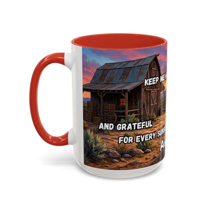 Cowboy Prayer Coffee Mug featuring Western scene and inspirational text, perfect for religious gifts and cowboy enthusiasts.