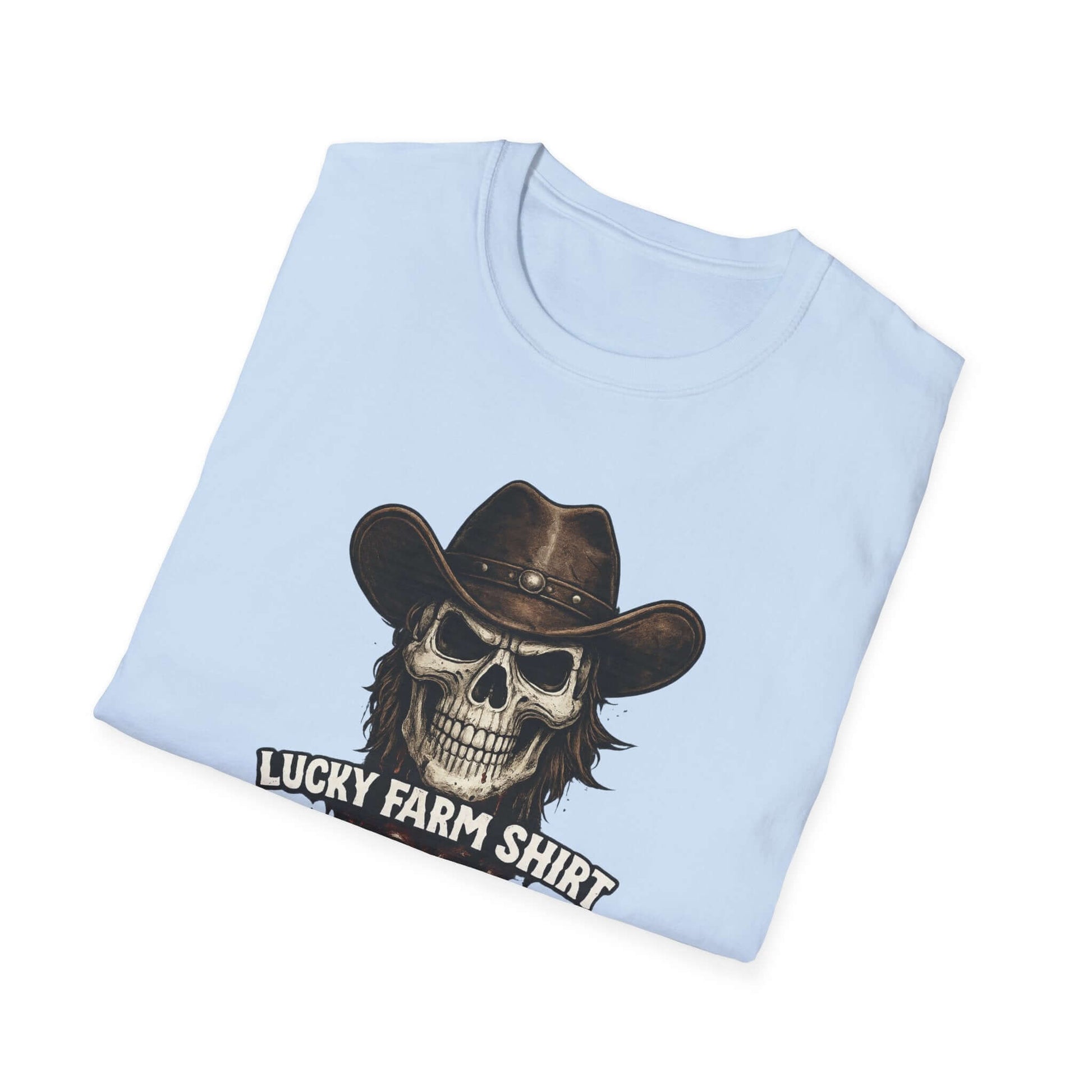 Lucky Farm T-Shirt with skull graphic and cowboy hat on light blue fabric, ideal rancher farm apparel.
