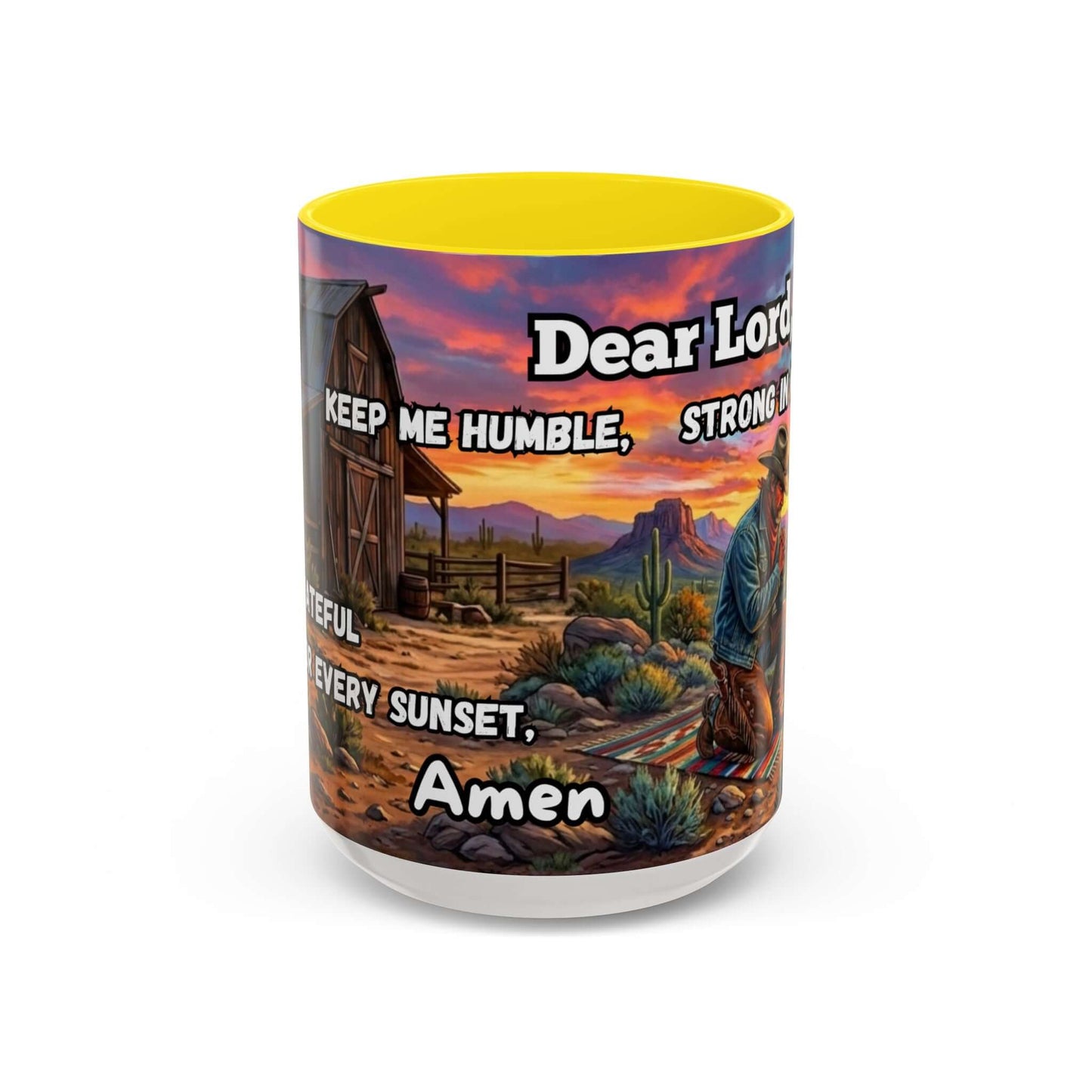 Cowboy Prayer Coffee Mug featuring a vibrant design with a prayer and western scenery.