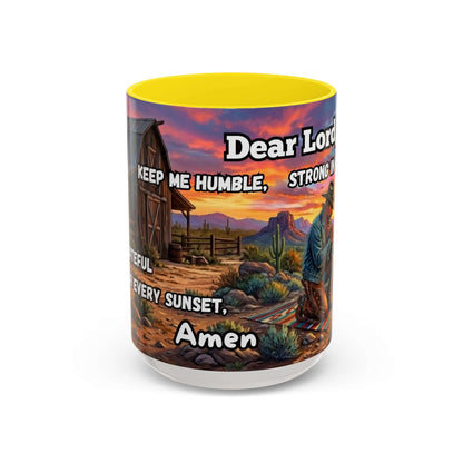 Cowboy Prayer Coffee Mug featuring a vibrant design with a prayer and western scenery.