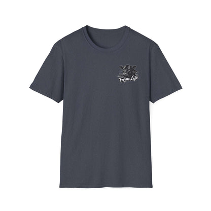 Front view of a Farm Life T-Shirt with a hand-drawn graphic, perfect for ranchers and outdoor enthusiasts.