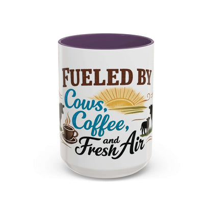 Cow Lovers Mug featuring the phrase 'Fueled by Cows, Coffee, and Fresh Air' with a sunrise and farm scene.
