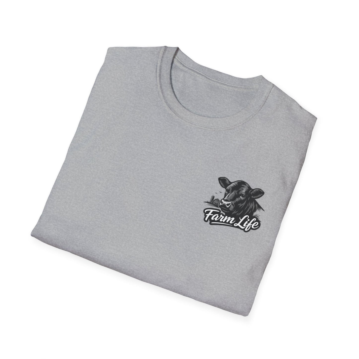 Farm Life T-Shirt with a cow graphic on a folded gray shirt, perfect for ranchers and farm enthusiasts.