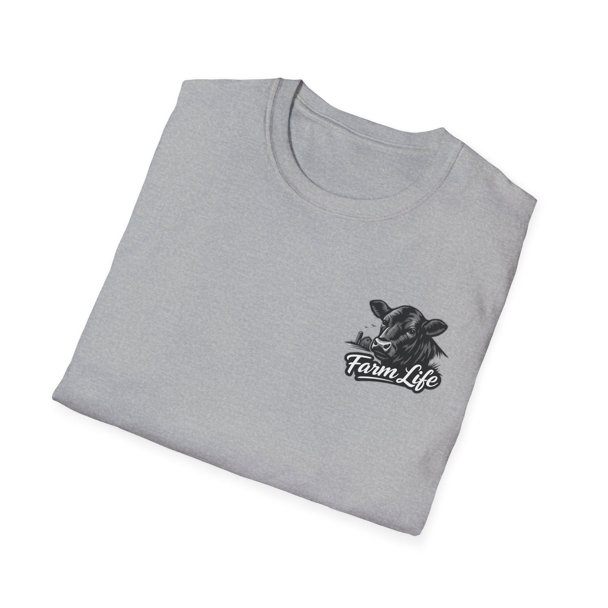 Farm Life T-Shirt with a cow graphic on a folded gray shirt, perfect for ranchers and farm enthusiasts.