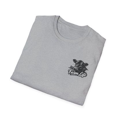 Farm Life T-Shirt with a cow graphic on a folded gray shirt, perfect for ranchers and farm enthusiasts.
