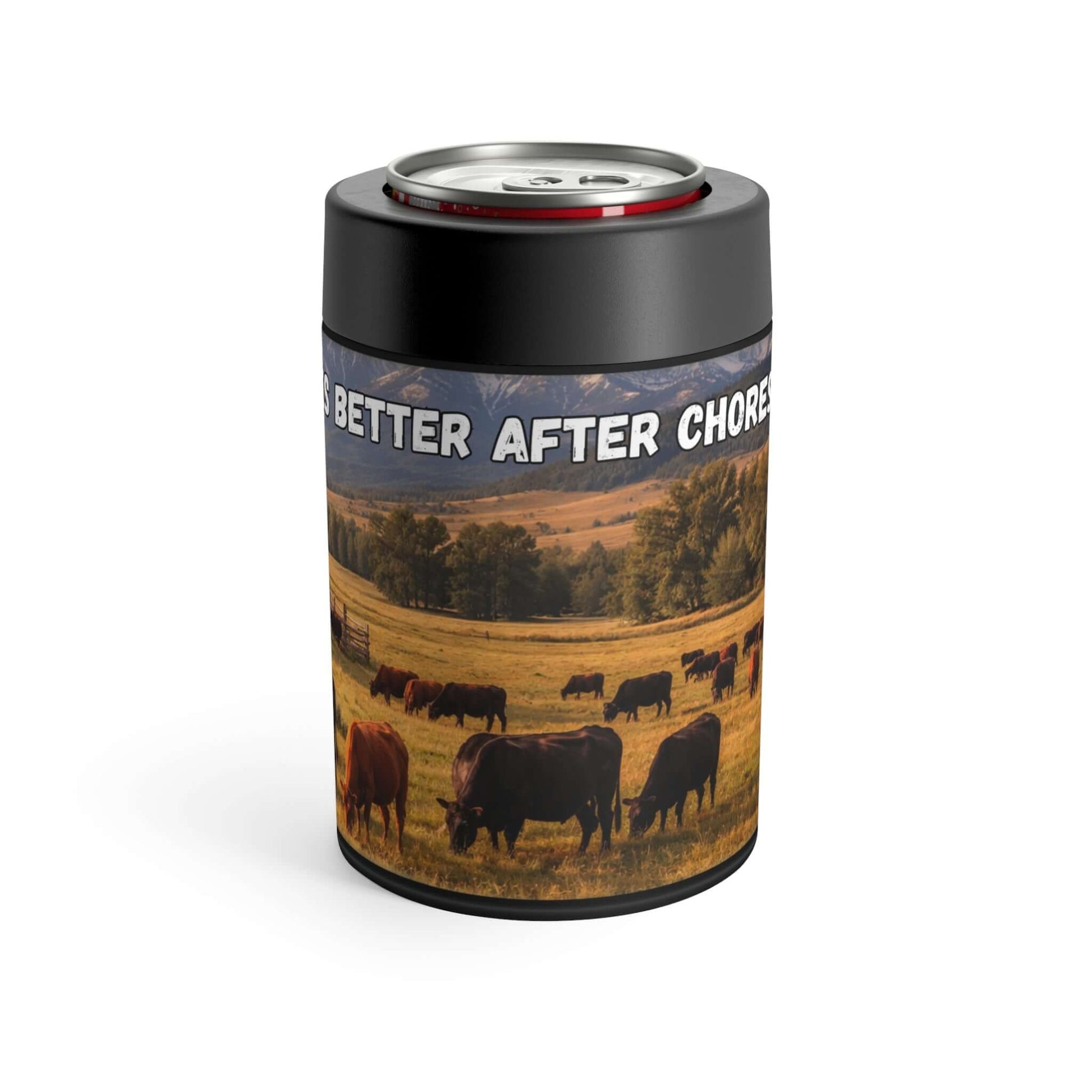 Western Can Holder featuring a ranch scene with cows, perfect for keeping drinks cold on hot summer days.