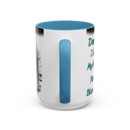 Praying Cowgirl Coffee Mug with blue handle and heartfelt message, ideal for equestrian enthusiasts.