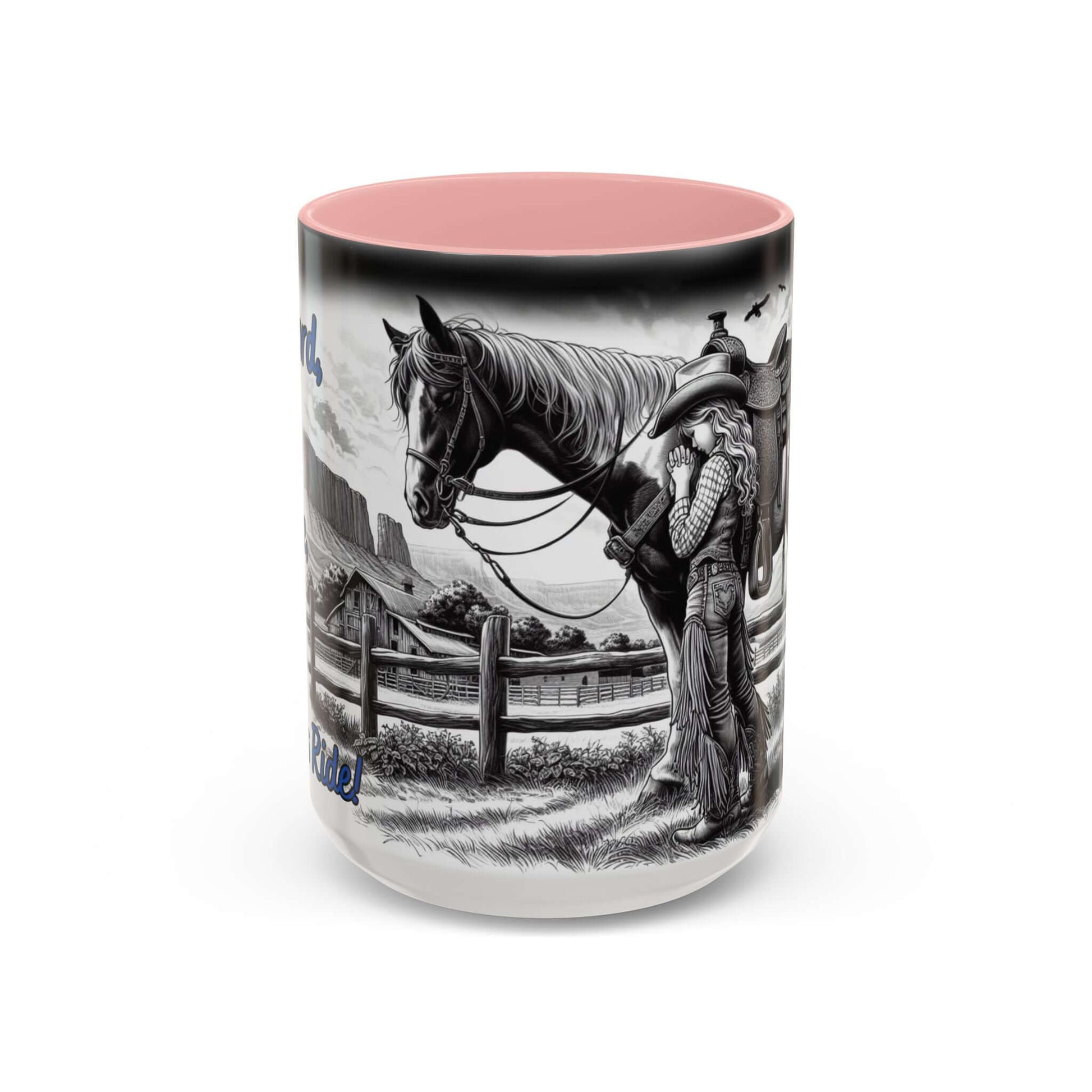 Praying Cowgirl Coffee Mug featuring a cowgirl and her horse in a rustic design, perfect gift for equestrian enthusiasts.