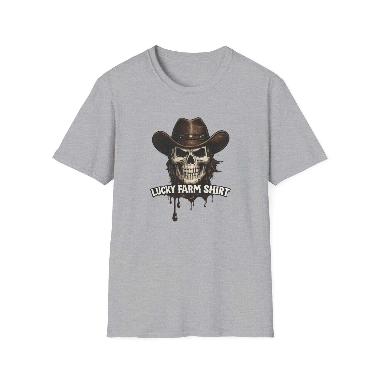Lucky Farm T-Shirt featuring a skull graphic and cowboy hat design on a gray background.