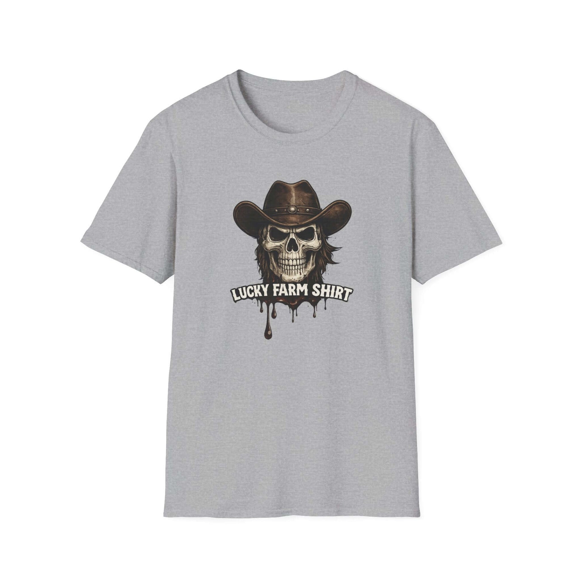 Lucky Farm T-Shirt featuring a skull graphic and cowboy hat design on a gray background.