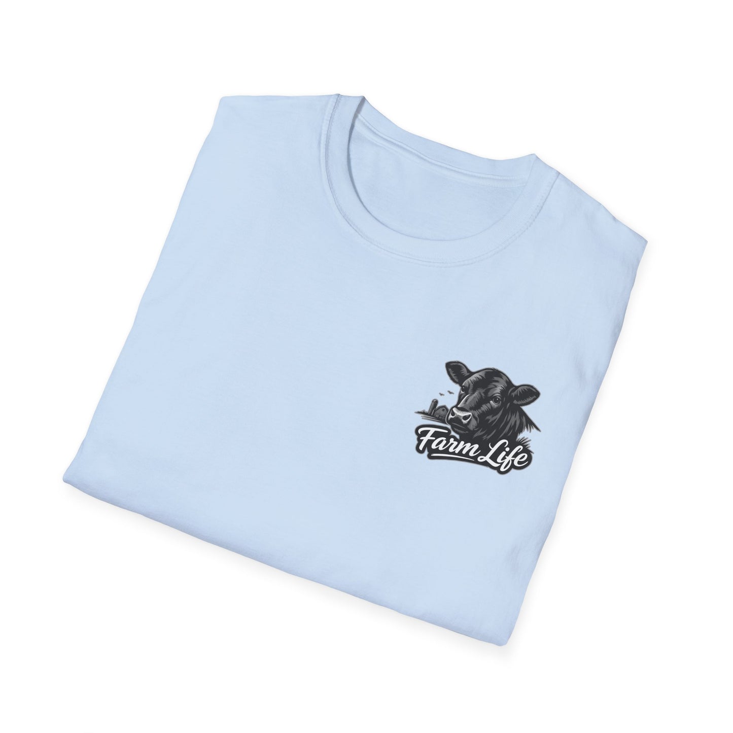 Light blue Farm Life T-Shirt with hand-drawn cow graphic, perfect for ranchers and outdoor enthusiasts.