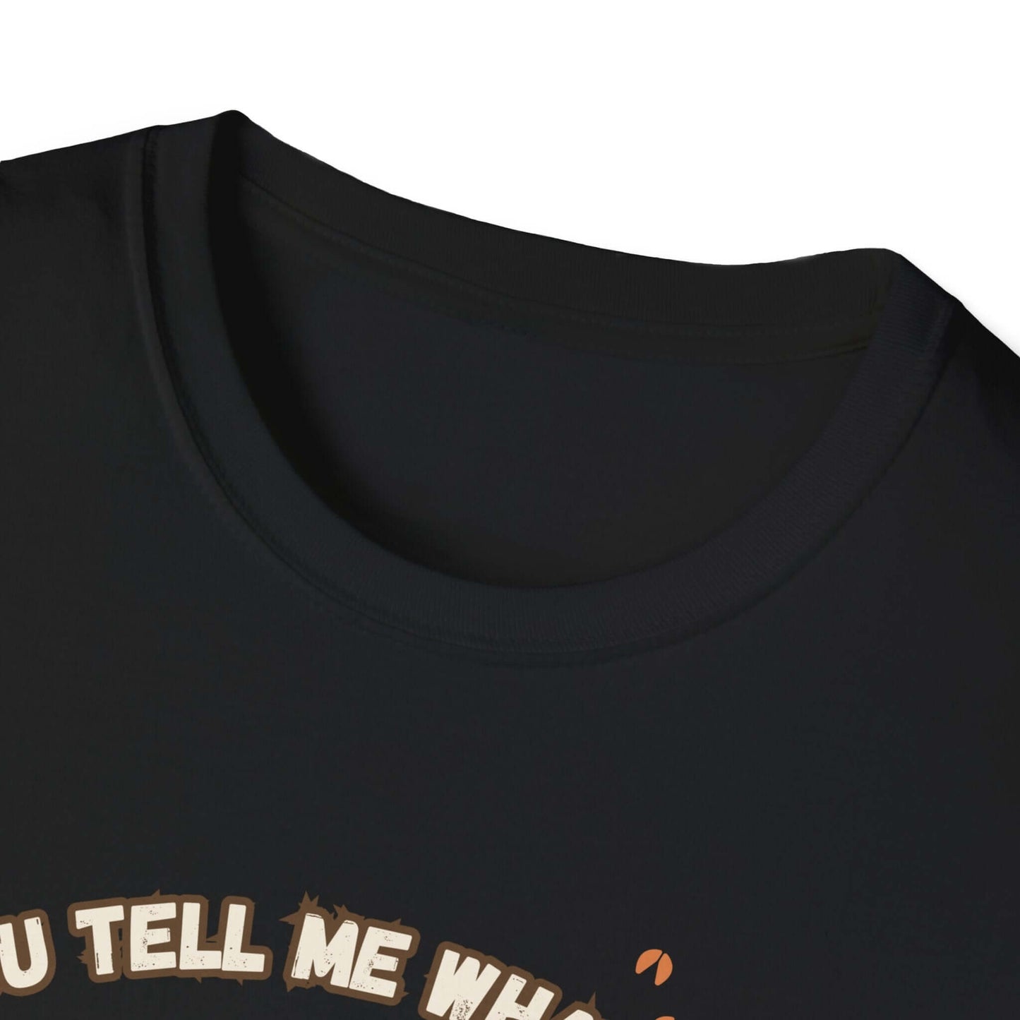 Close-up of the collar of a Working Cows Humor T-Shirt, showcasing the humorous design on a black tee.