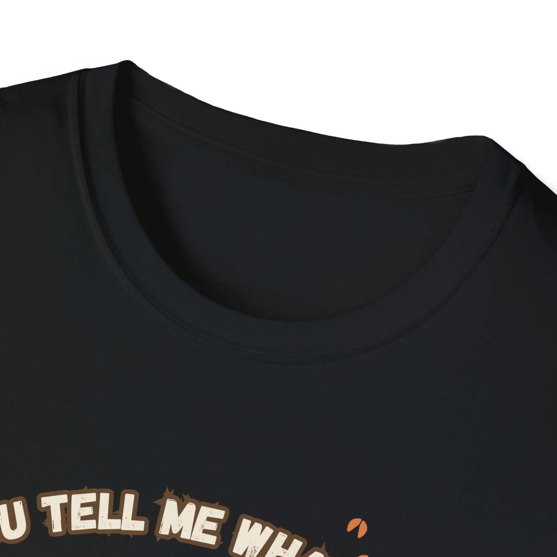 Close-up of the collar of a Working Cows Humor T-Shirt, showcasing the humorous design on a black tee.