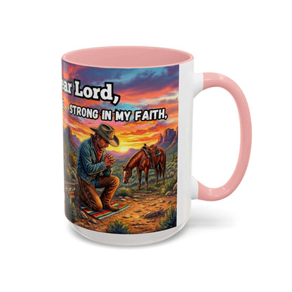 Cowboy Prayer Coffee Mug featuring a cowboy in prayer with horses against a colorful sunset background.
