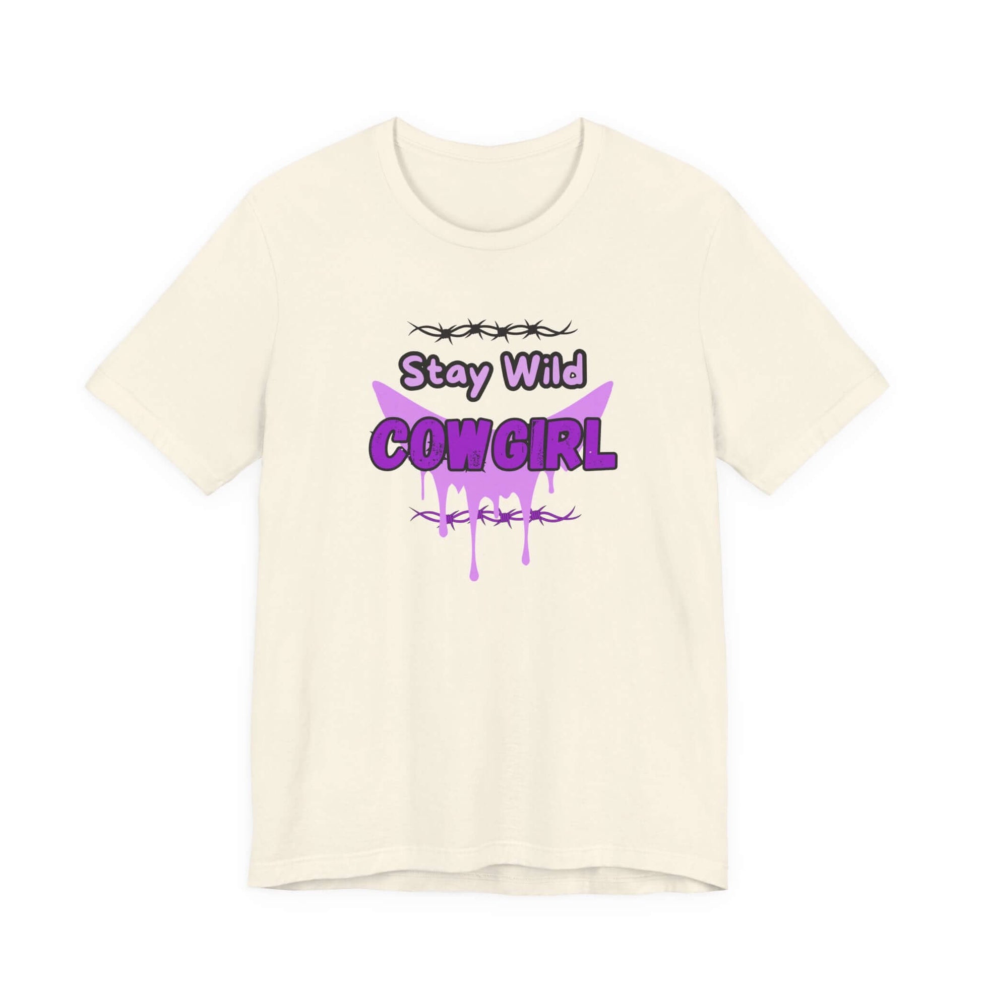 Cowgirl Western Tee featuring 'Stay Wild COWGIRL' graphic design in purple on a cream-colored t-shirt.