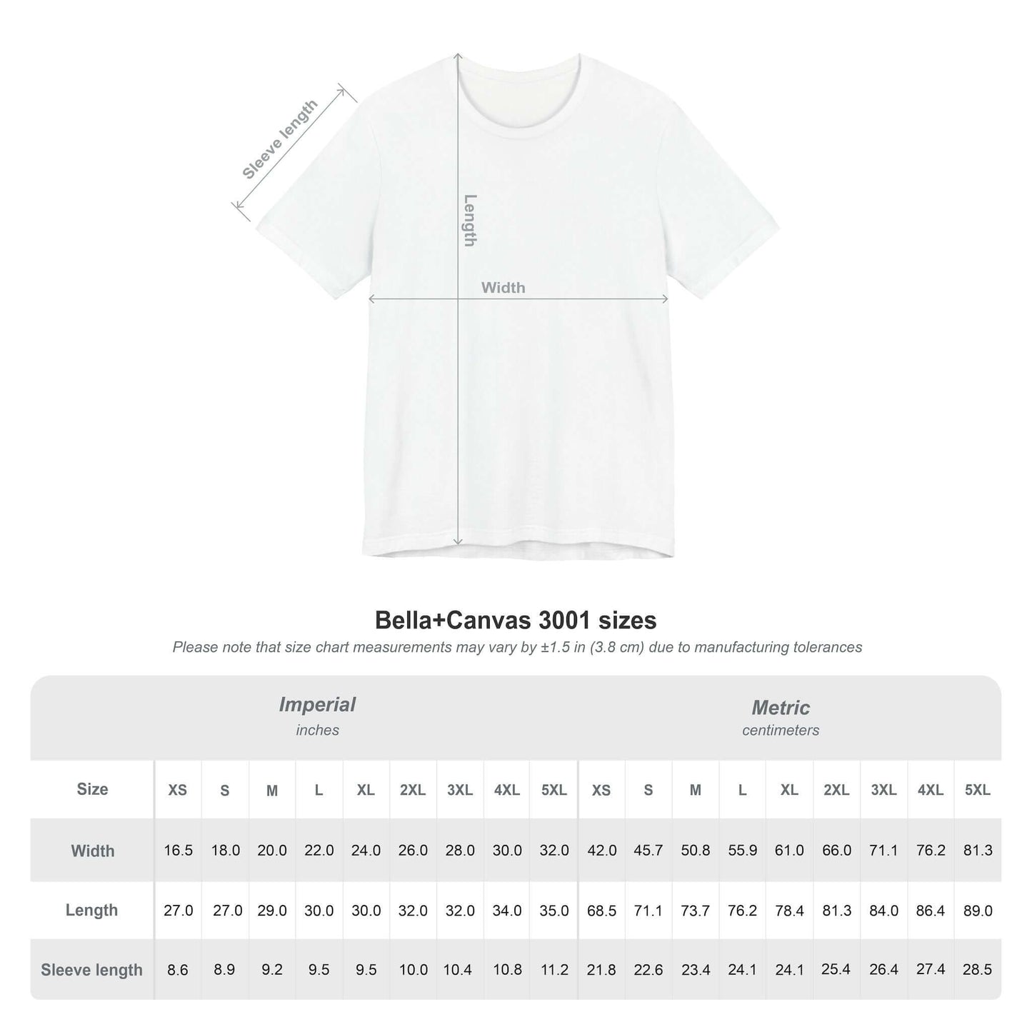 Size chart for Best Friend T-Shirt, Bella+Canvas 3001, featuring measurements in inches and centimeters.