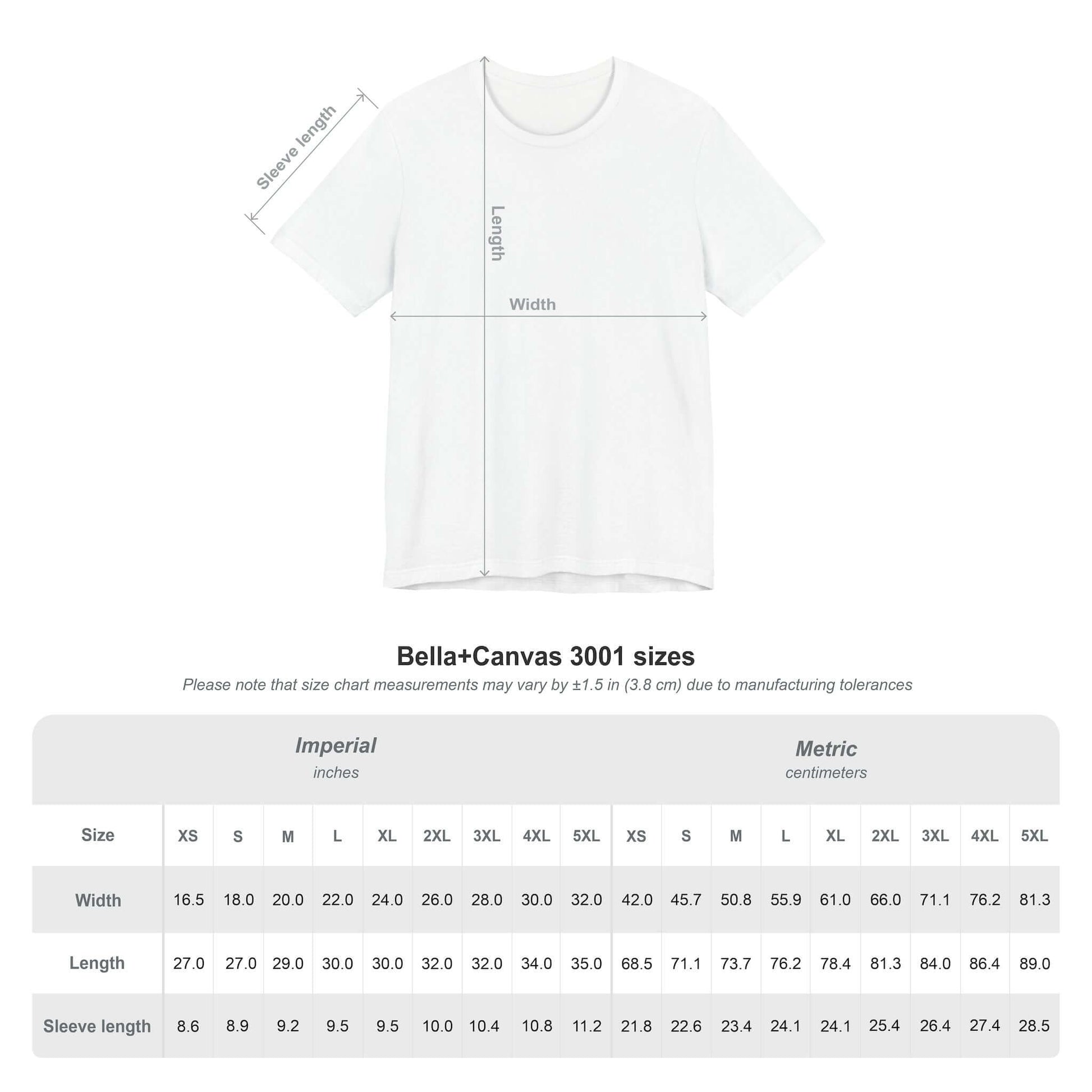 Size chart for Best Friend T-Shirt, Bella+Canvas 3001, featuring measurements in inches and centimeters.