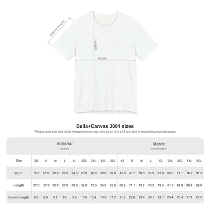Size chart for Best Friend T-Shirt, Bella+Canvas 3001, featuring measurements in inches and centimeters.