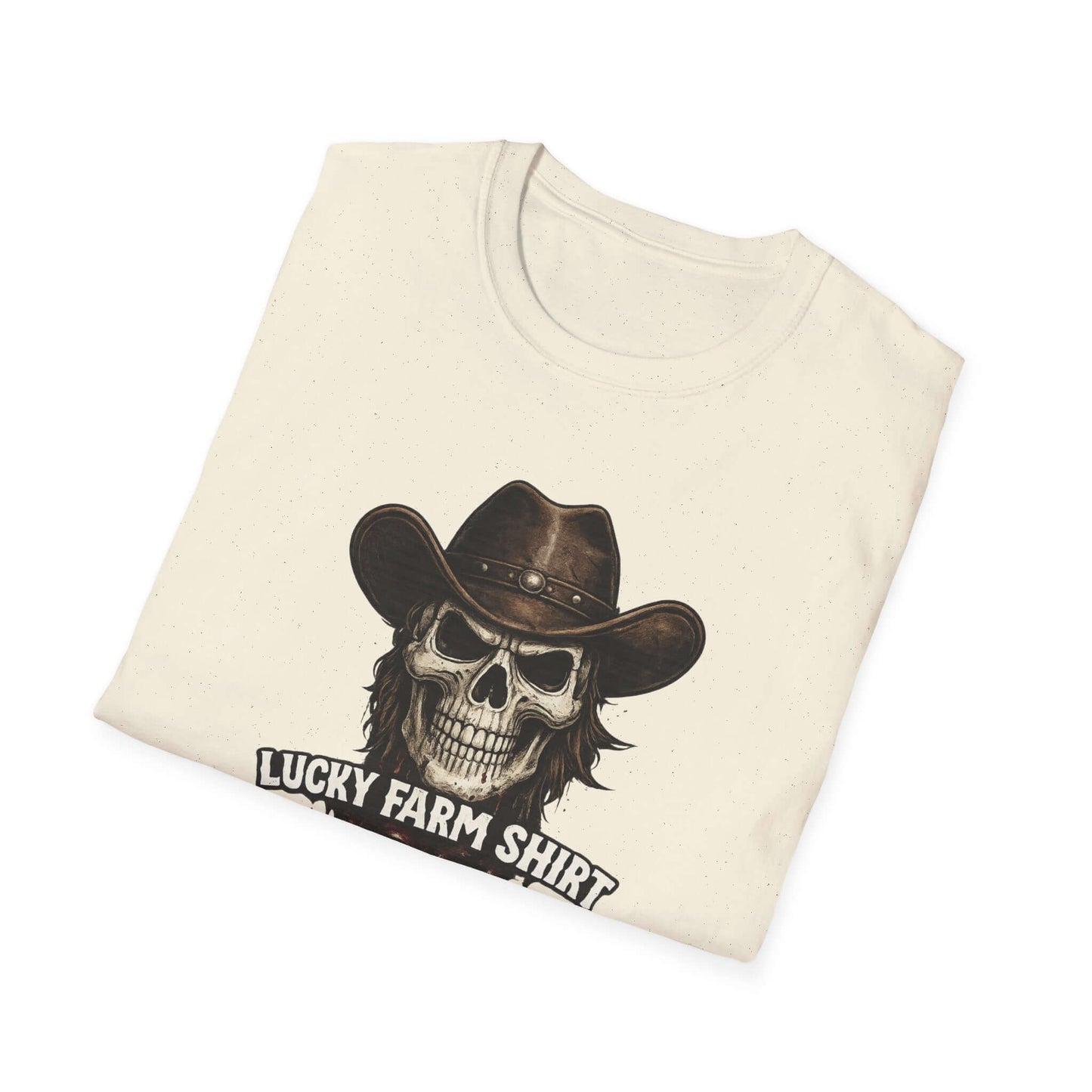 Lucky Farm T-Shirt featuring a skull graphic design and cowboy hat on a soft cream fabric.