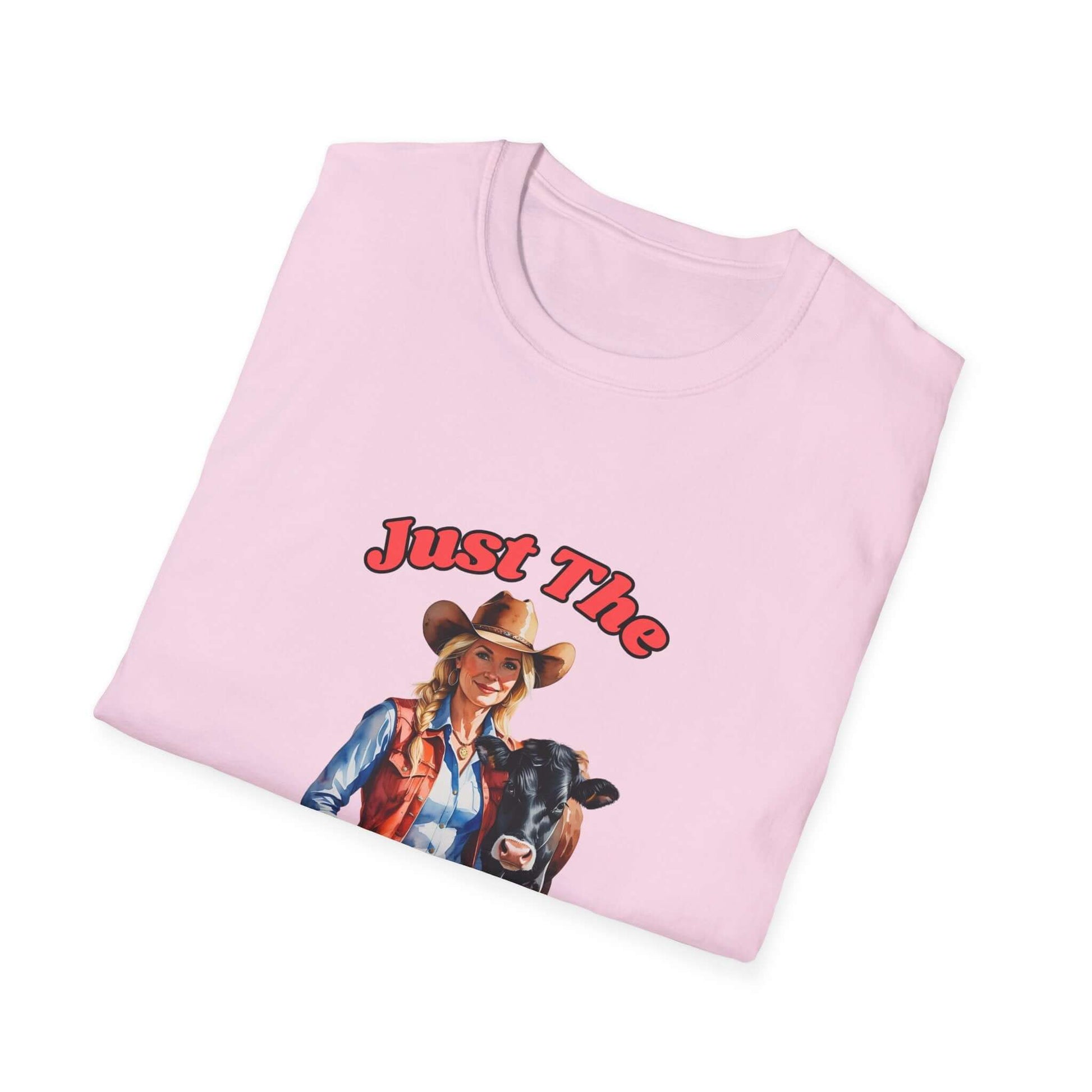 Funny Farm Wife Shirt featuring a cowgirl graphic with the text 'Just The' on a pink tee.