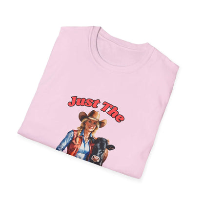 Funny Farm Wife Shirt featuring a cowgirl graphic with the text 'Just The' on a pink tee.
