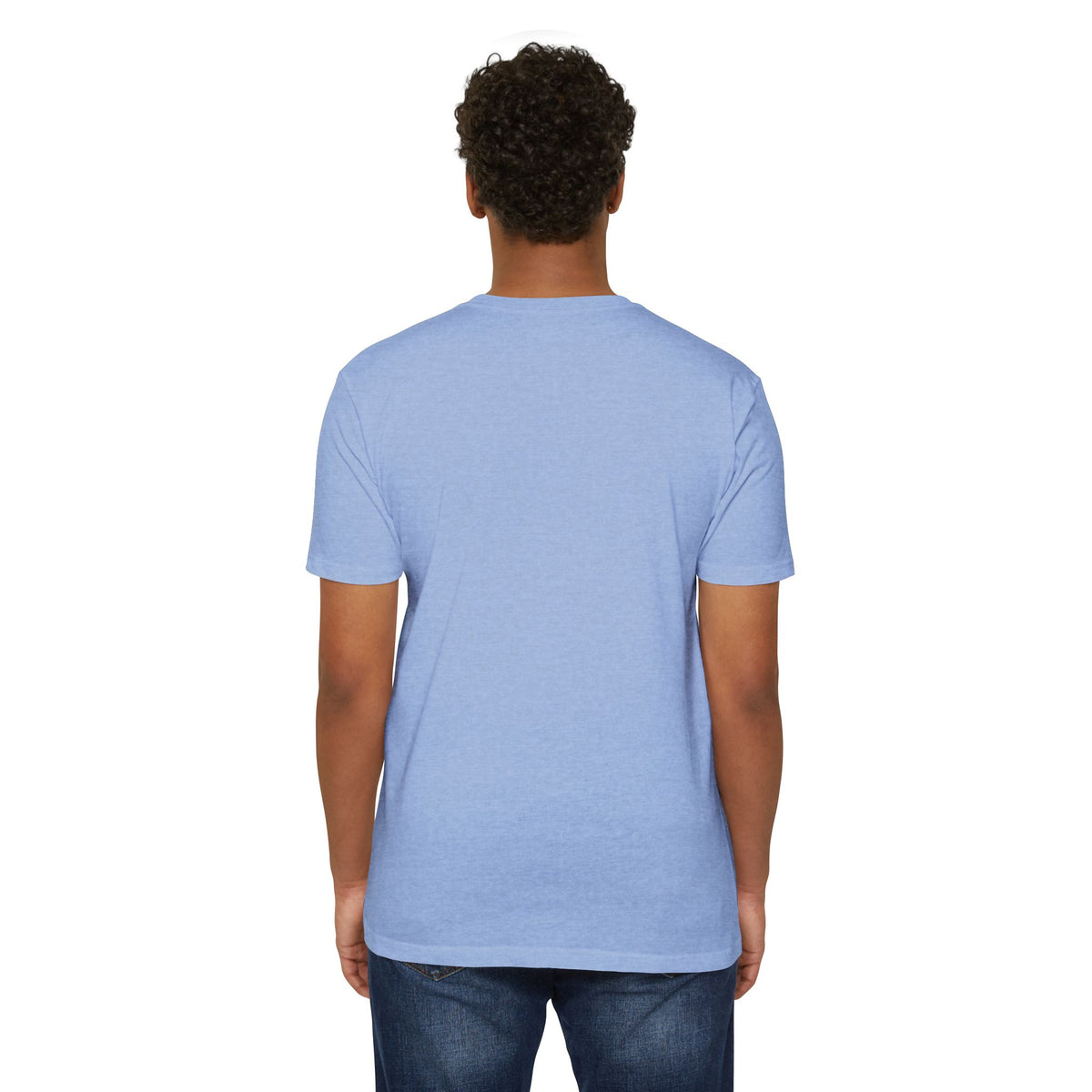 Back view of a man wearing a soft blue I Like It When You Are Nice to Me T-Shirt with a classic fit.